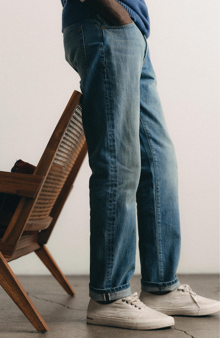 fit model posing in The Straight Jean in Light Wash Organic Selvedge