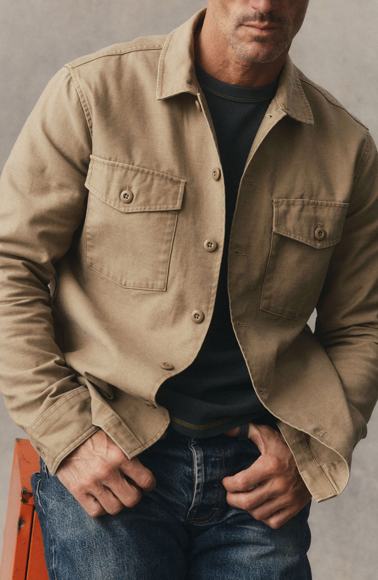 fit model posing in The Surplus Shirt in Khaki Reverse Sateen