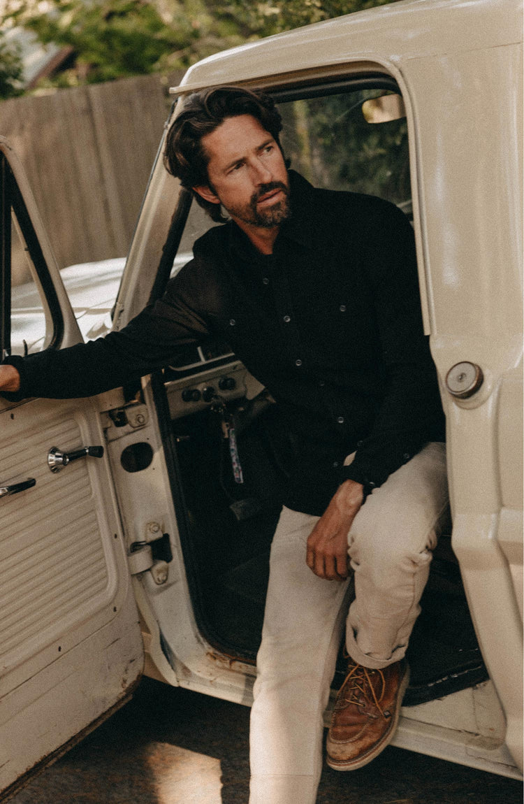fit model posing in The Utility Shirt in Black Indigo Sashiko