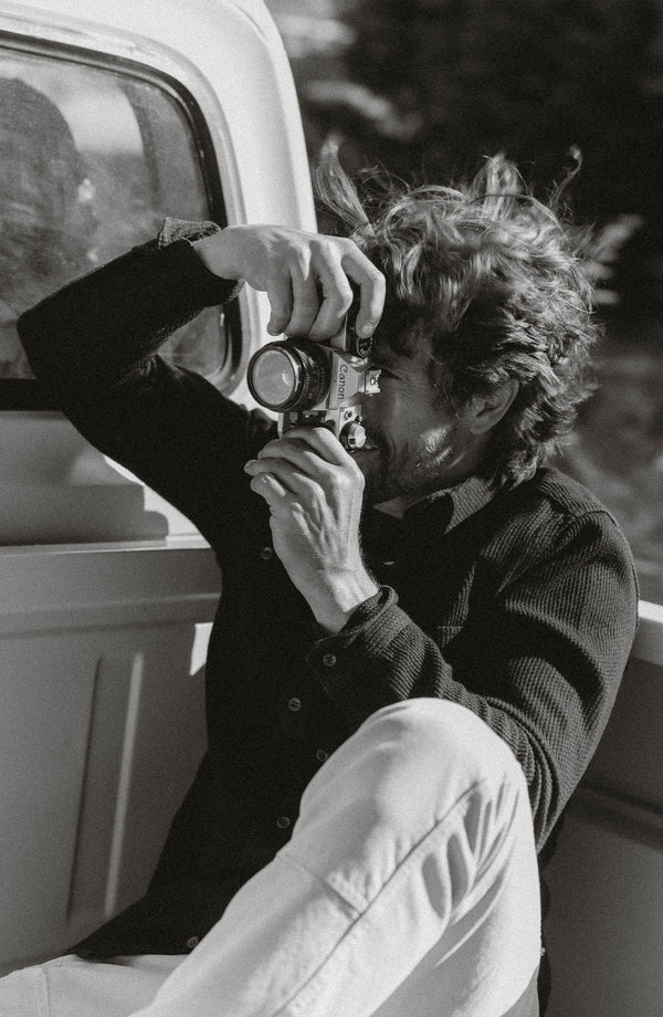 fit model showing off The Utility Shirt in Black Indigo Sashiko