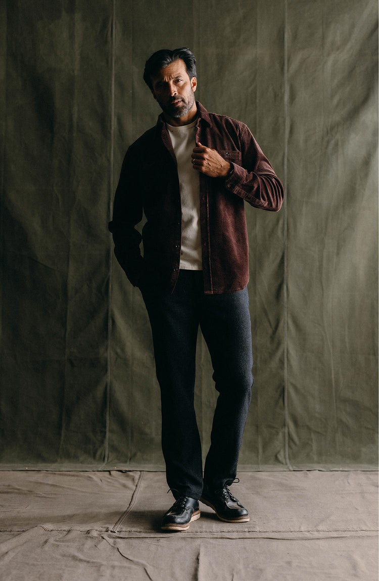 fit model posing in The Utility Shirt in Burgundy Corduroy