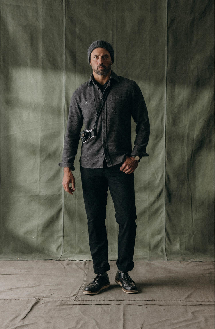 fit model showing off The Utility Shirt in Charcoal Sashiko