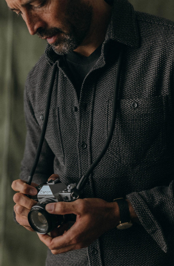 fit model wearing The Utility Shirt in Charcoal Sashiko