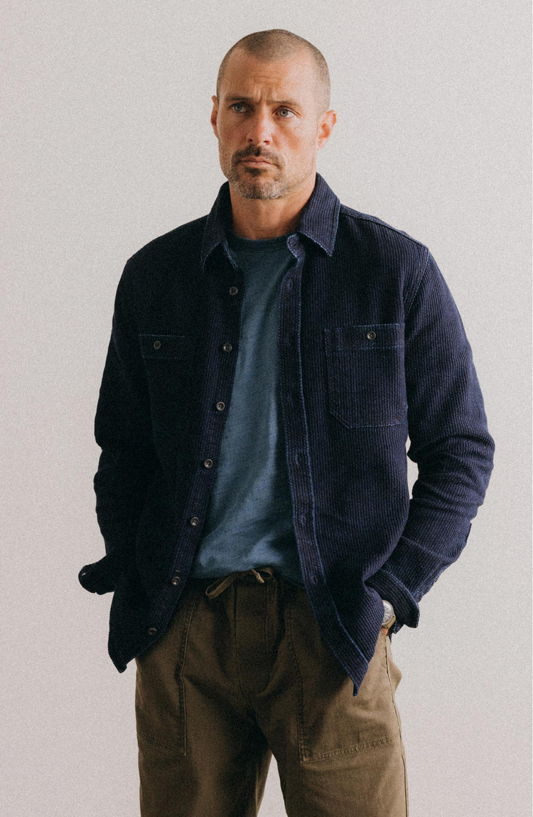 fit model posing in The Utility Shirt in Rinsed Indigo Sashiko