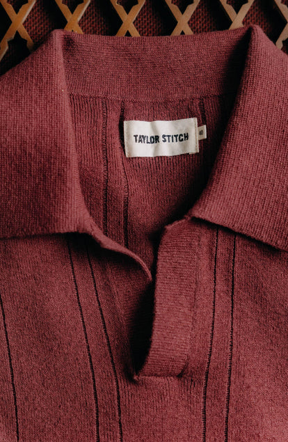 material shot of the collar on The Valencia Sweater Polo in Dried Cherry Rib