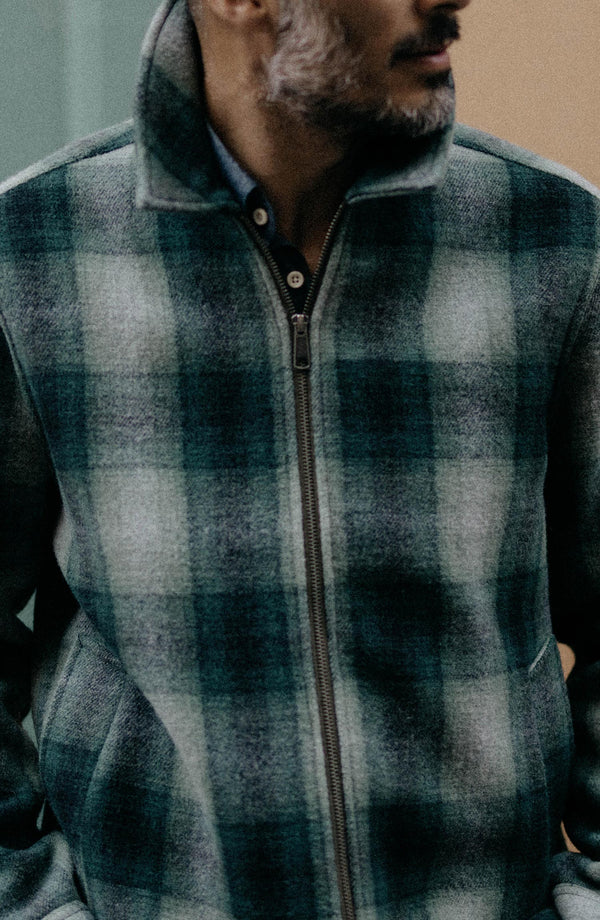 fit model posing in The Waterfront Jacket in Evergreen Plaid Wool