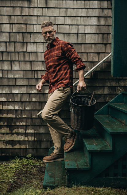 fit model standing in The Yosemite Shirt in Burnt Toffee