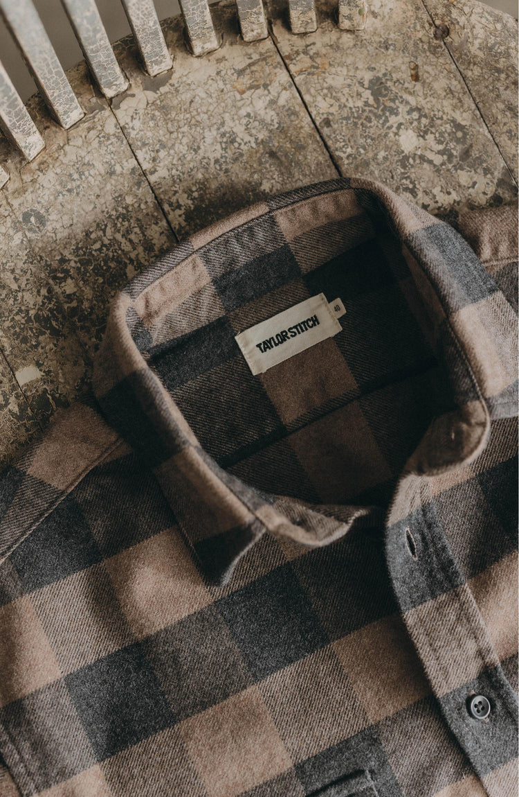 material shot of the collar on The Yosemite Shirt in Heather Sable Buffalo Check