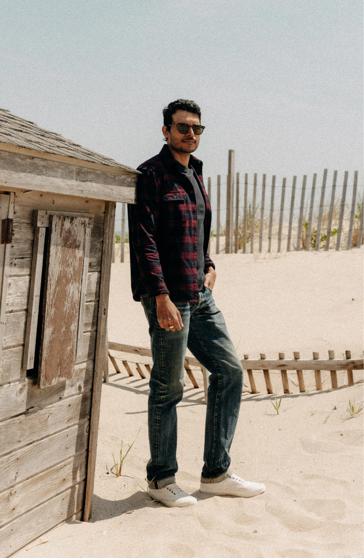 fit model with his hand in his pocket wearing The Yosemite Shirt in Port Plaid