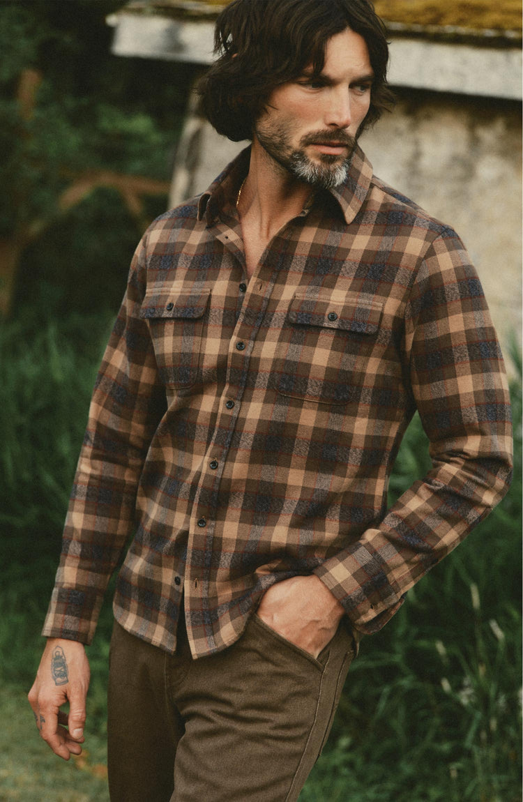 fit model posing in The Yosemite Shirt in Buckeye Plaid