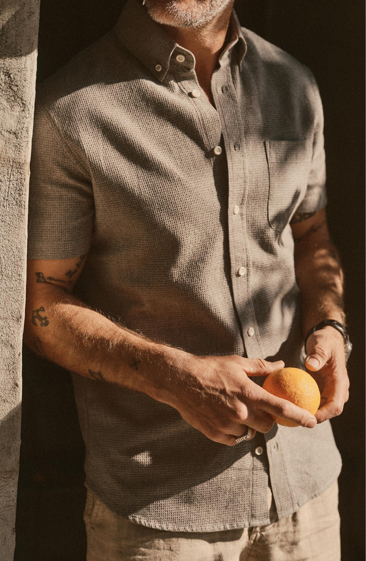 fit model showing off The Short Sleeve Jack in Waffle