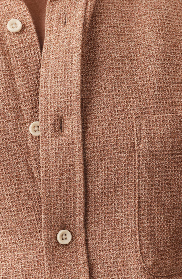 fit model showing off the buttons on The Jack in Waffle