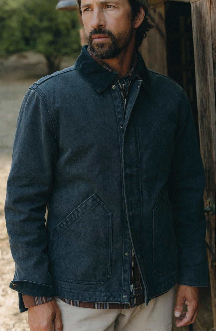 Model in The Workhorse Jacket in Navy Chipped Canvas