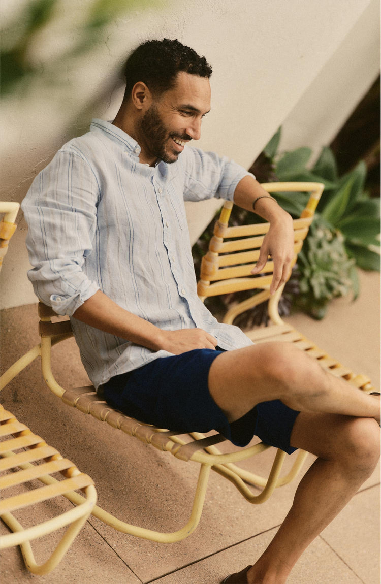 fit model posing in The Jack in Blue Sky Stripe Linen