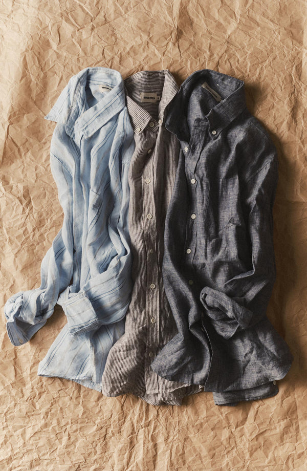 editorial flatlay of The Jack in Blue Sky Stripe Linen