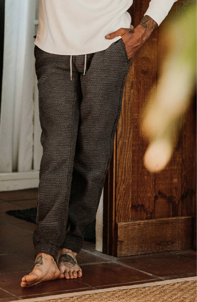 our fit model wearing the apres pants, cropped shot