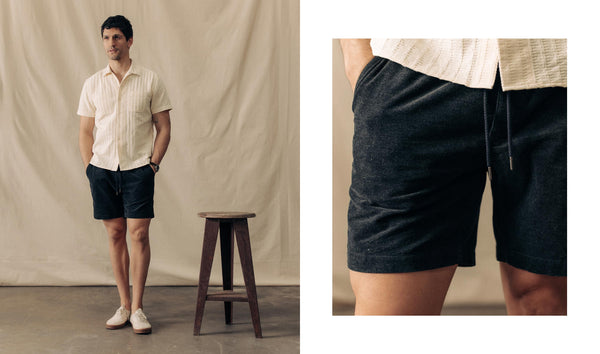 fit model wearing The Après Short in Heather Coal Pincord