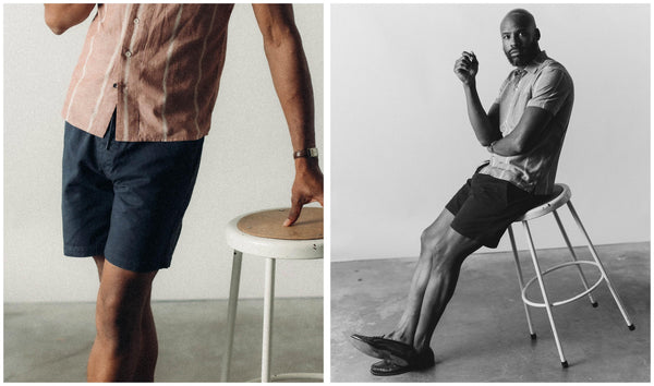 fit model wearing The Après Short in Dark Navy with a camp shirt