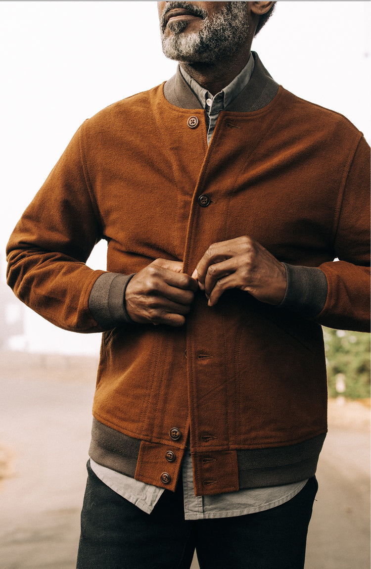 Our model wearing The Bomber Jacket in Tarnished Copper Moleskin