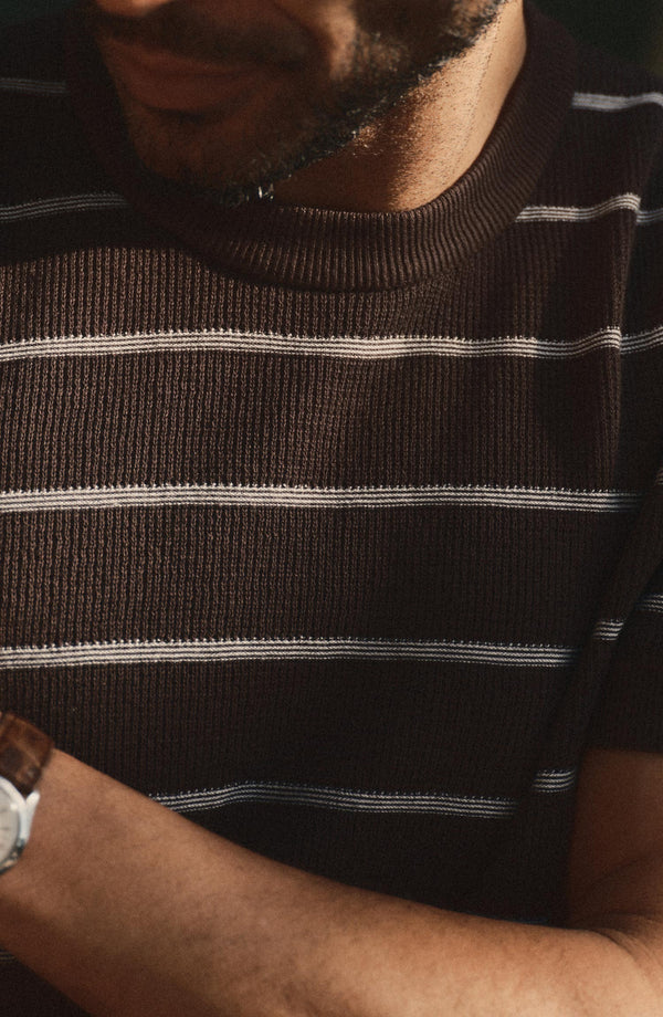 fit model showing off the texture on The Brody Sweater Tee in Espresso Stripe