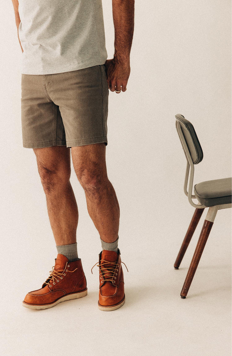 fit model wearing The Camp Short in Stone Chipped Canvas