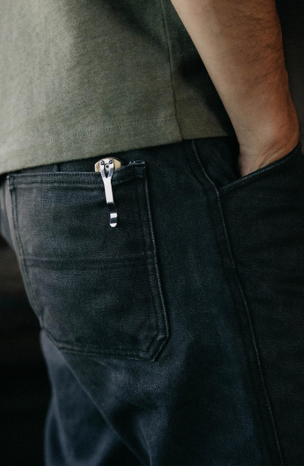 fit model walking wearing The Camp Pant in Coal Chipped Canvas