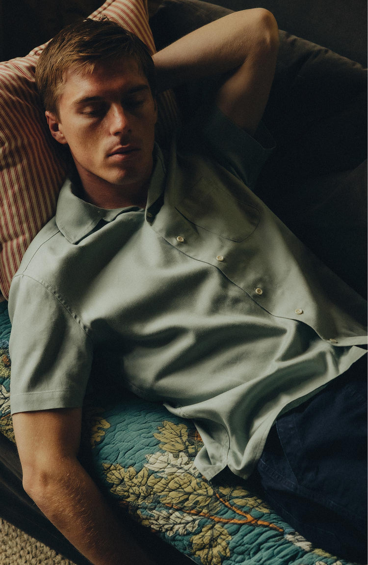 fit model posing inn The Hawthorne Shirt in Surf Green