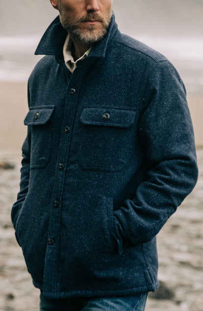 Close up of the The Chandler Jacket in Navy Donegal with the collar open showing texture