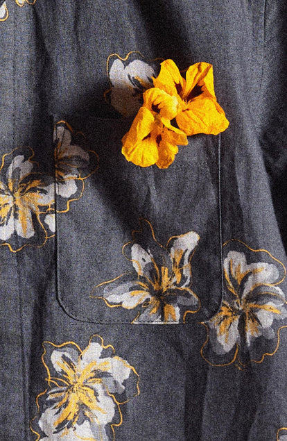 material shot of the pocket on The Conrad Shirt in Dark Blue Floral