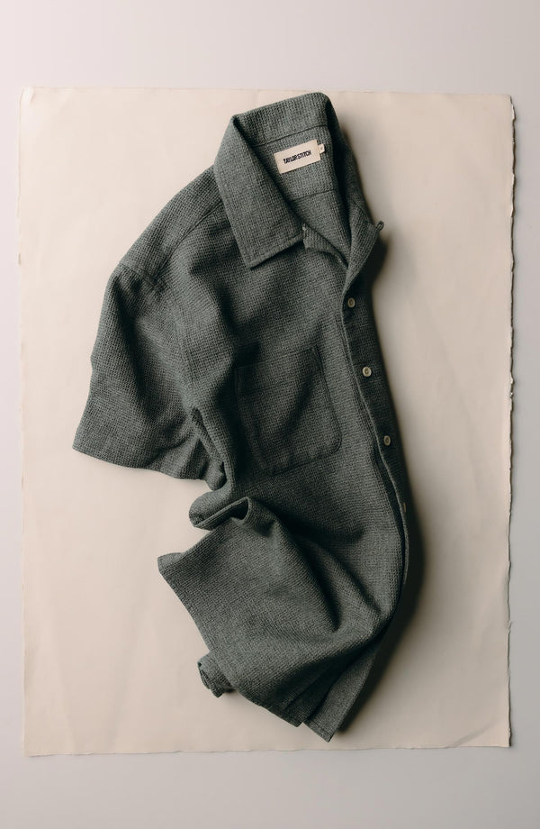 fit model standing wearing The Conrad Shirt in Deep Sea Twist