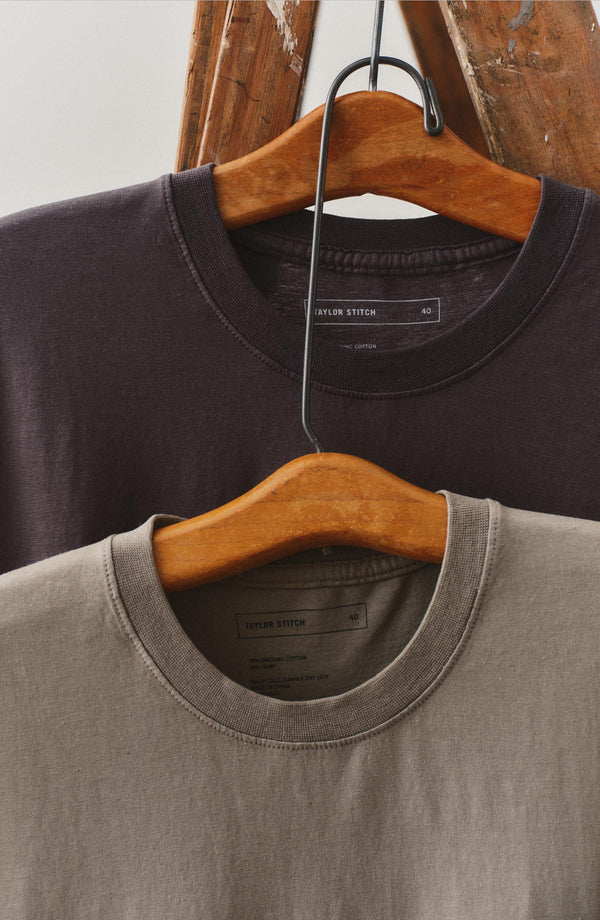 editorial image of The Cotton Hemp Tee in Faded Black hanging