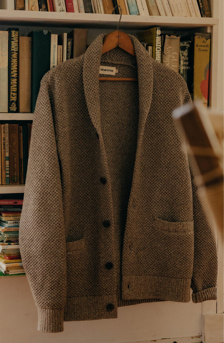 editorial image of The Crawford Sweater in Coffee Twist hanging