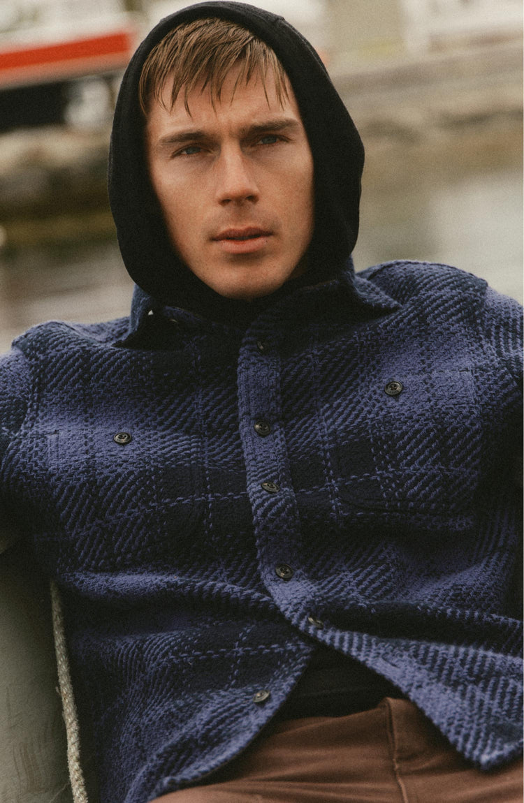 fit model posing in The Cutter Overshirt in Lighthouse Check