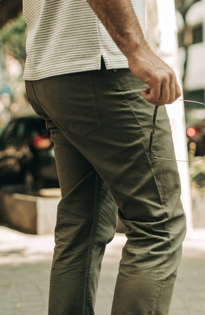 our fit model wearing the all daypant in maine—outside—split shot