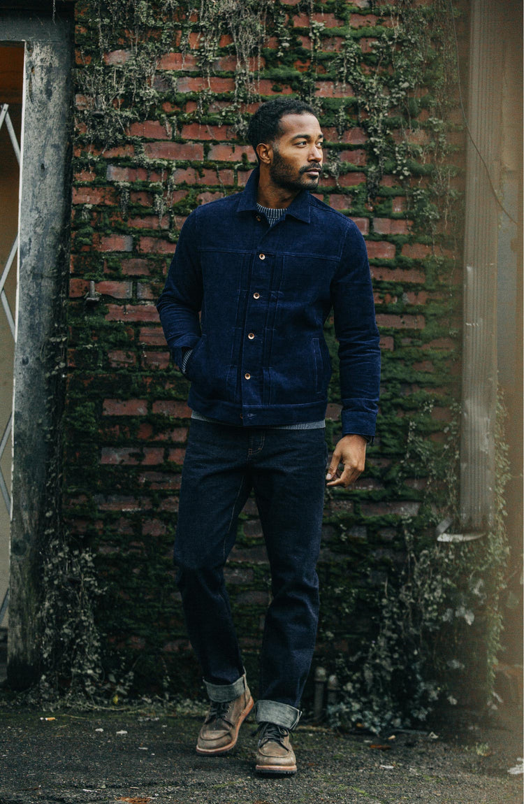 Model wearing The Democratic Jean in Rinsed Organic Selvage