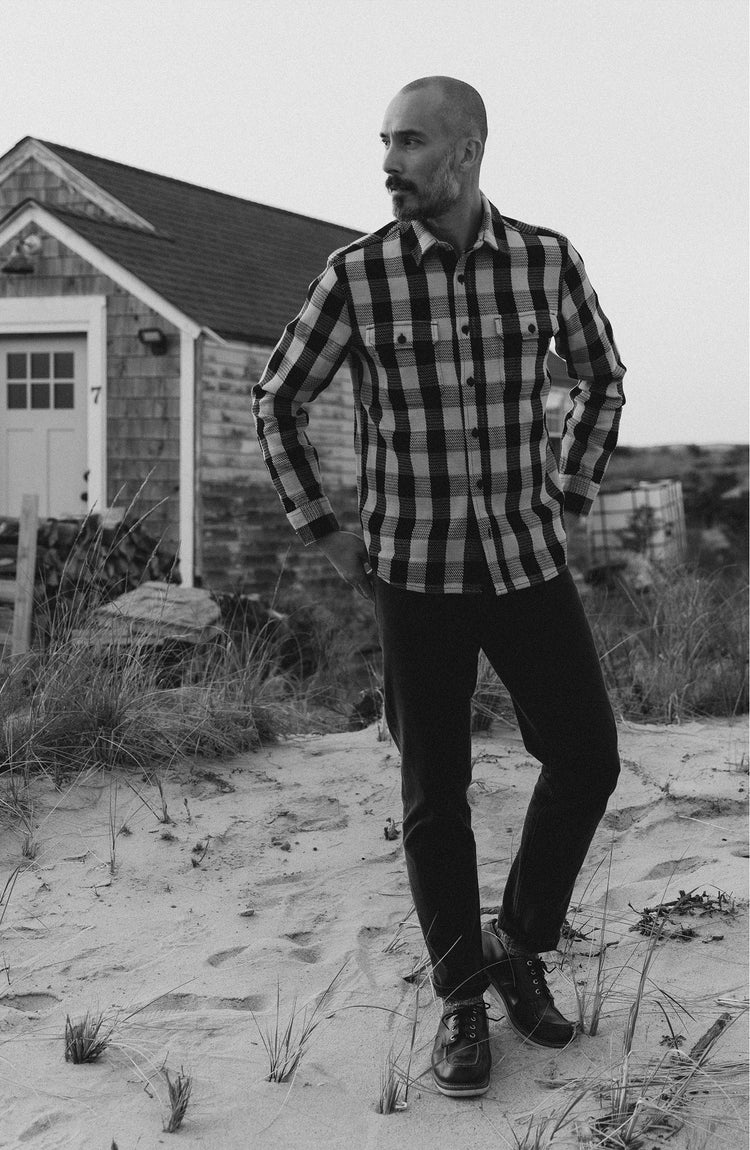 fit model posing in The Division Shirt in Black Indigo Check