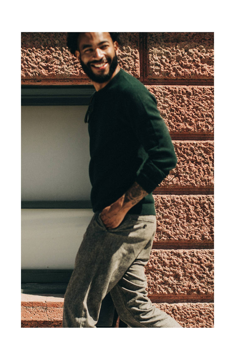 our guy rocking the double knit sweater in california, cropped shot with text on the right