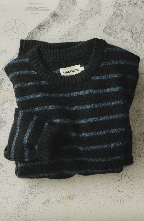 folded flatlay of The Eastmoor Sweater in Coal Stripe Wool 
