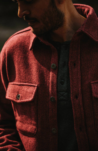 Editorial Panel: The Explorer Shirt in Burgundy Herringbone Wool, Wovens by Taylor Stitch