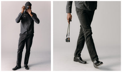 Model wearing chinos with a long sleeve button down shirt