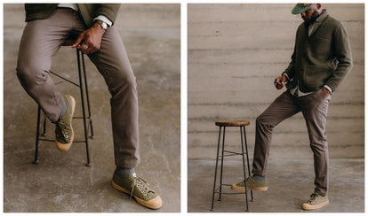 Model wearing The Foundation Pant chino with The Crawford Sweater