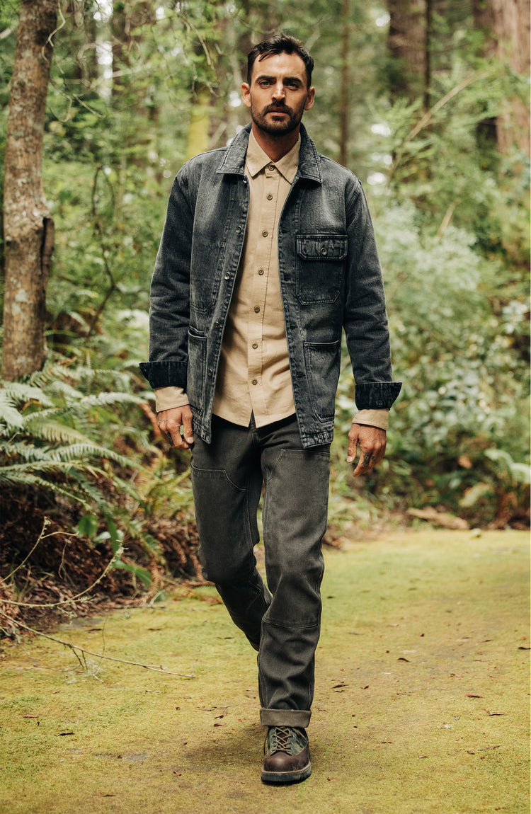 Our model wearing The Fremont Jacket in Black 3-Month Wash Selvage Denim
