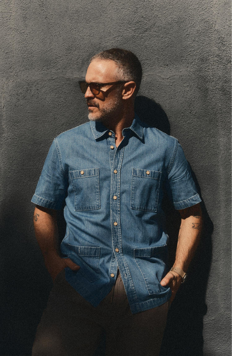 fit model posing in The Gulf Shirt in Washed Indigo Twill