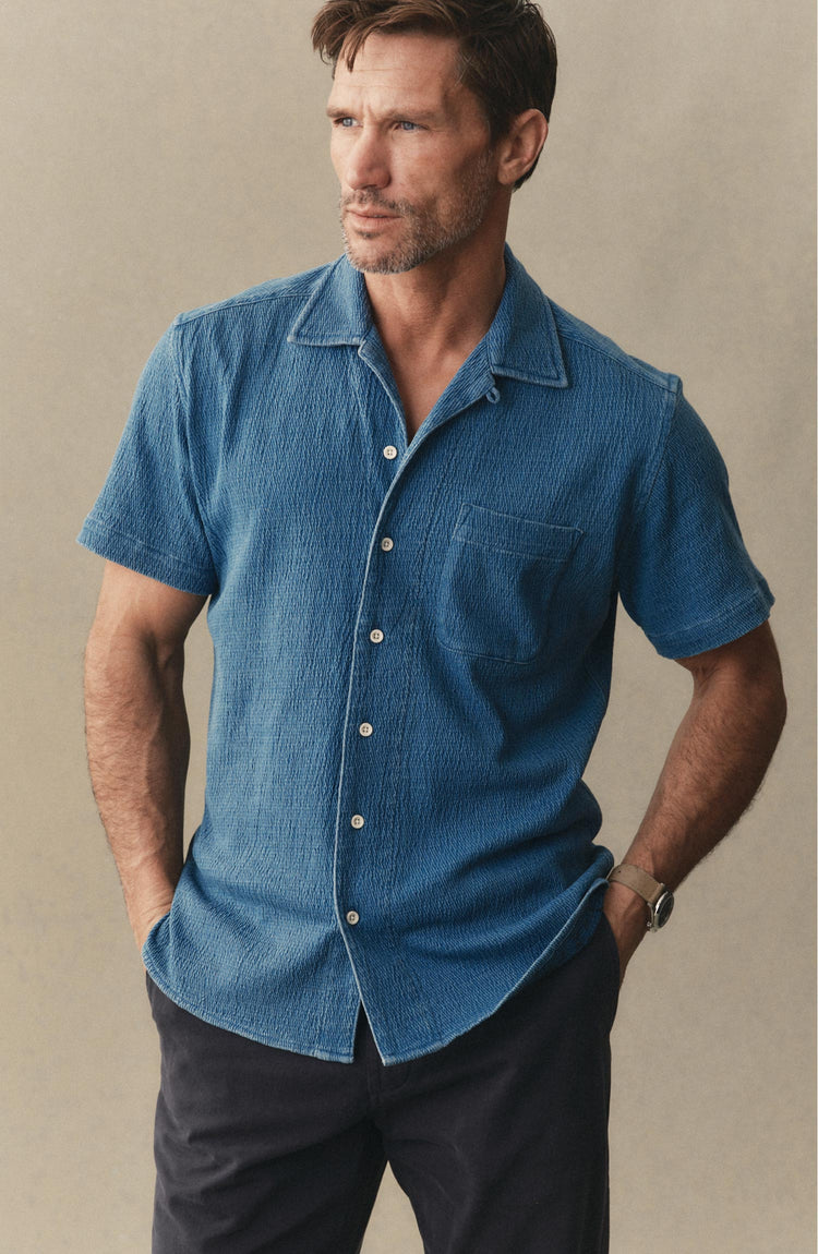 fit model posing in The Hawthorne Shirt in Washed Indigo Crepe
