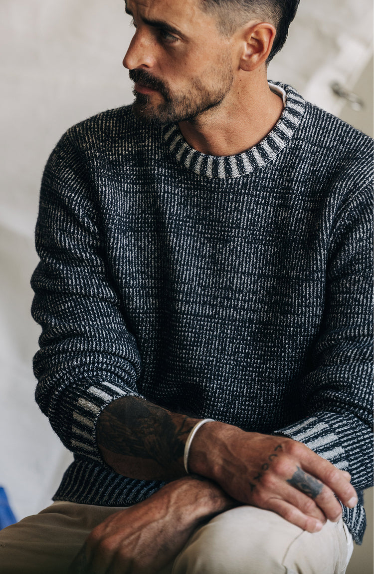 fit model in The Headland Sweater in Coal Heather