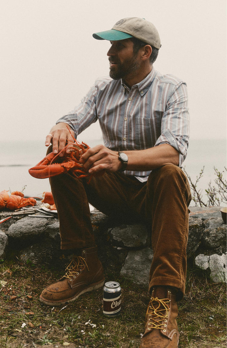 fit model posing in The Jack in Daybreak Stripe Oxford