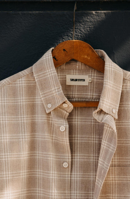 editorial image of The Jack in Heather Flax Plaid open on a hanger