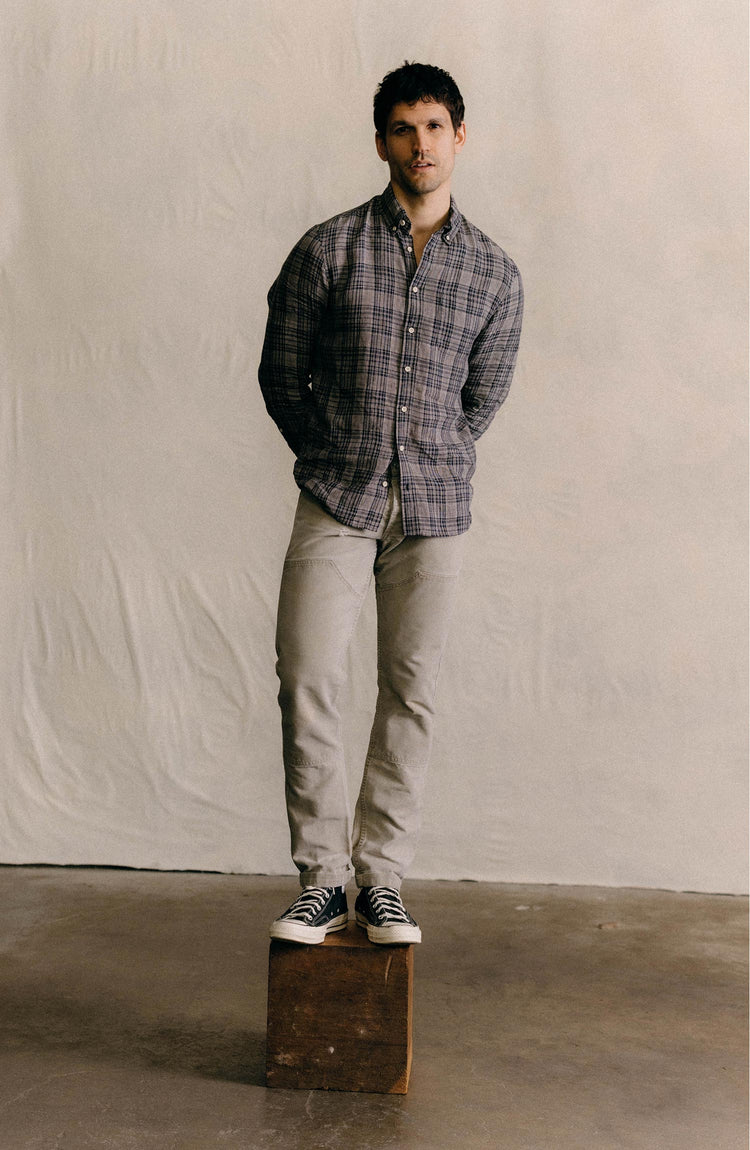 fit model posing in The Jack in Navy Plaid Linen