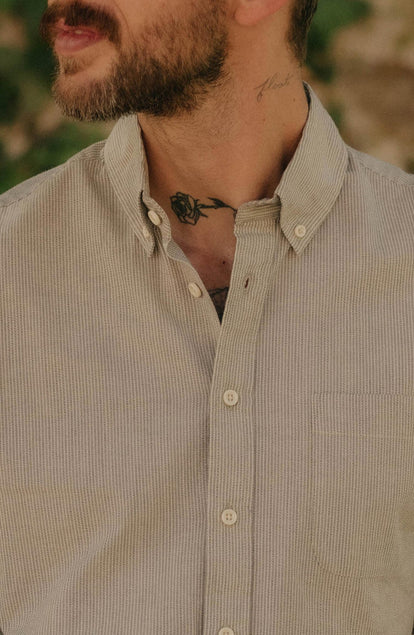 fit model showing off the collar on The Jack in Parchment Stripe