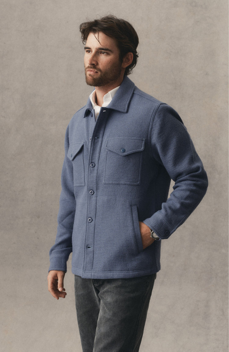 fit model posing in The Kenne Shirt Jacket in Blue Fog Cotton Wool Crepe
